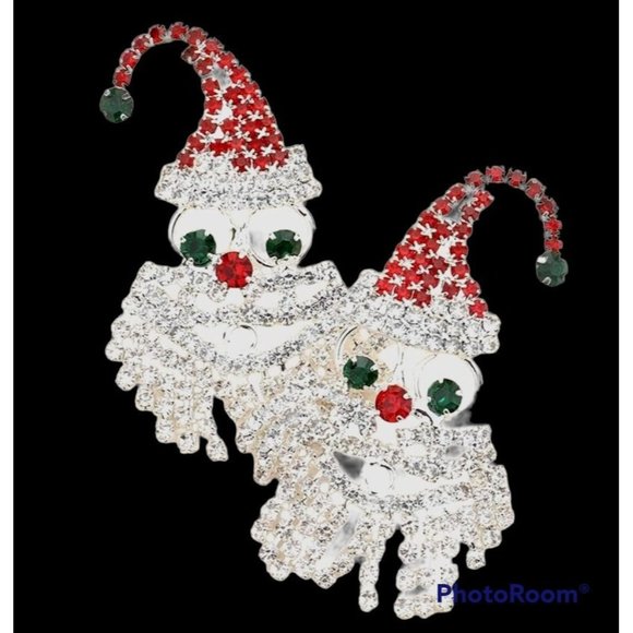 Rhinestone Santa Earrings Posts Handmade Jewelry  New 2" L  Festive Party - Picture 1 of 7